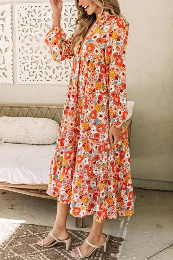 Print Loose Long Sleeve Midi Dress