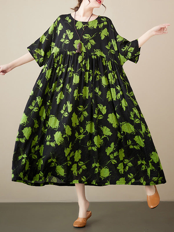 Loose Pleated Round-neck Midi Dresses