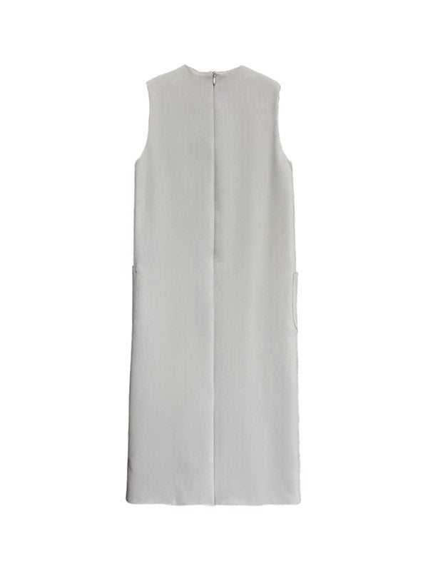 High Waisted Loose Pockets Color Split-back Zipper Round-neck Midi Dresses