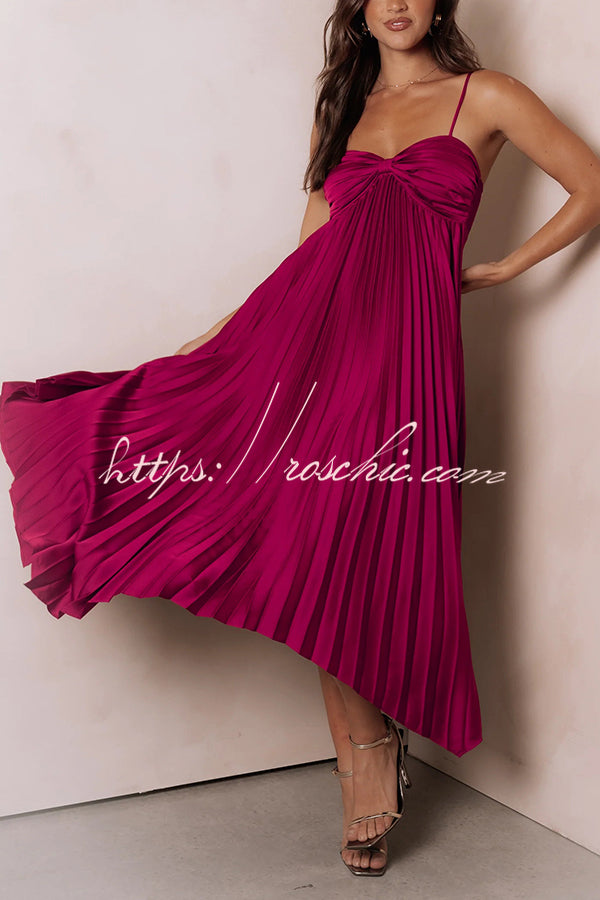 Color Suspender Pleated Irregular Midi Dress