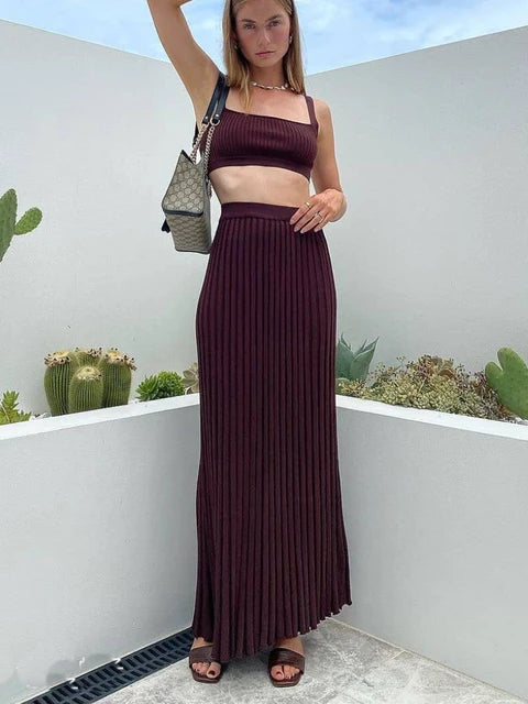 New White Knit Two Piece Sets Fall Ribbed Tank Top and Pleated Knitted Skirt Suits for Long Dress Sets Summer