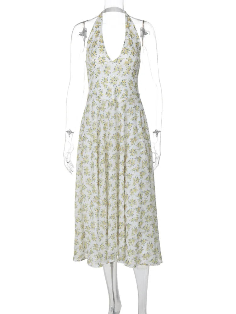 Halter Backless Print Midi Dress for Sleeveless A-line Pleated Club Party Long Dress New