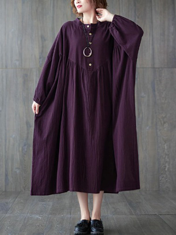 Loose Puff Sleeves Pleated Color Stand Collar Midi Dresses