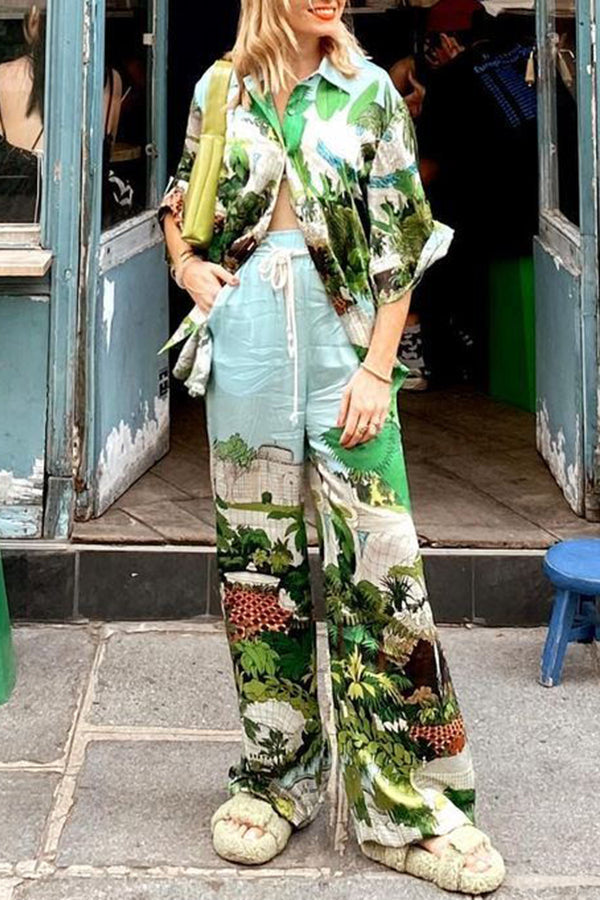 Landscape Print Button Pocket Tie Elastic Waist Pants Set