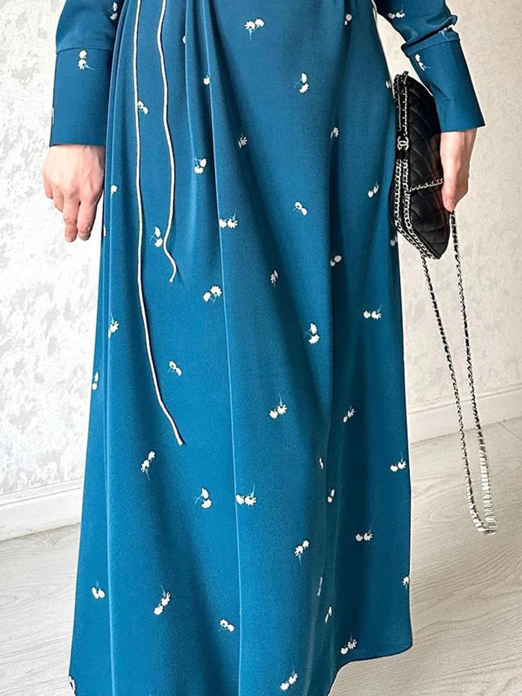 Printed Bandage Maxi Dress for Slim Patchwork Lace-up Long Sleeve Dress Female Contrast Long Dress