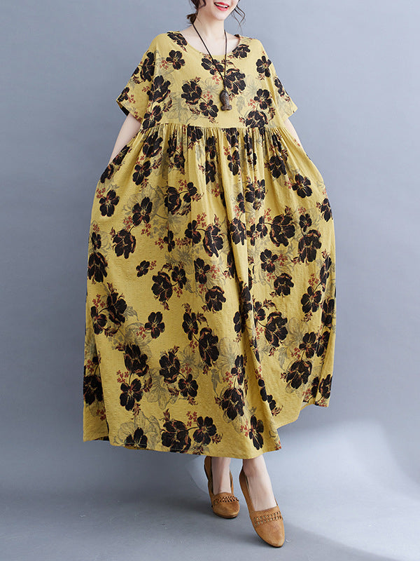 Loose Short Sleeves Pleated Printed Split-joint Round-neck Midi Dresses