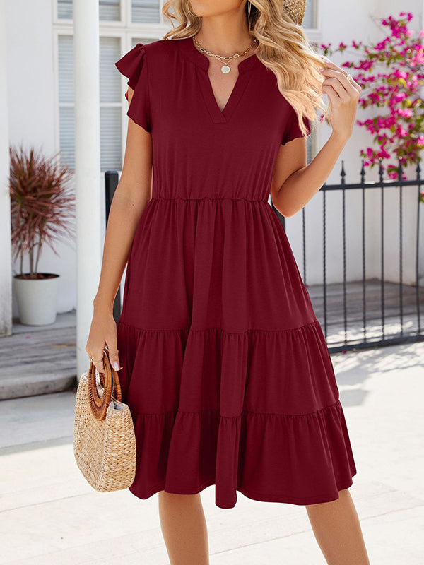 Loose Ruffle Sleeves Pleated Pockets Color Split-joint V-neck Midi Dresses
