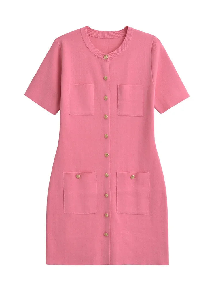 Pocket Knit Female Mini Dress Autumn Ribbed High Waist Patchwork Party Dress Knitwear Cardigan Dress