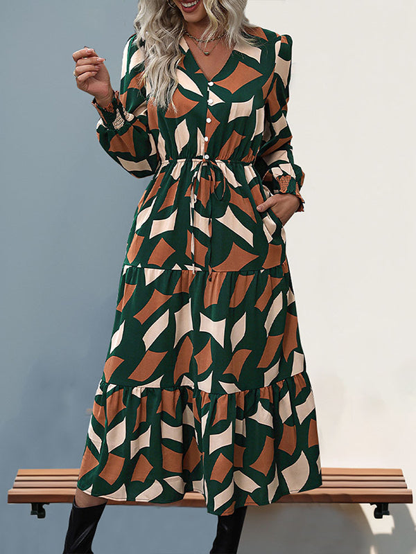 A-line Long Sleeves Buttoned Elasticity Pleated Printed Split-joint Tied Waist V-neck Midi Dresses
