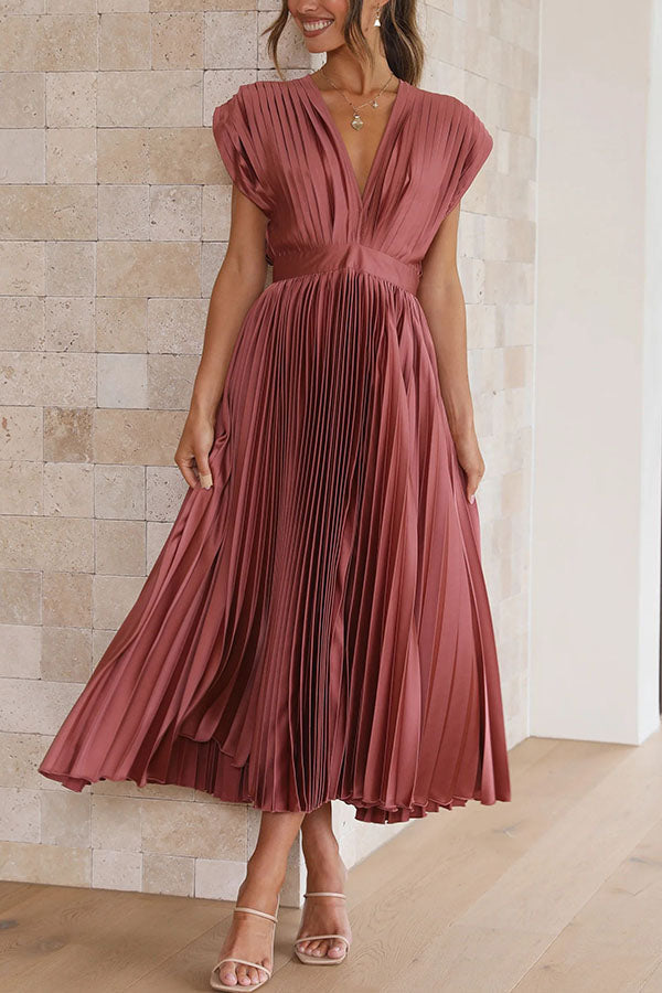 Hello Satin Pleated Midi Dress