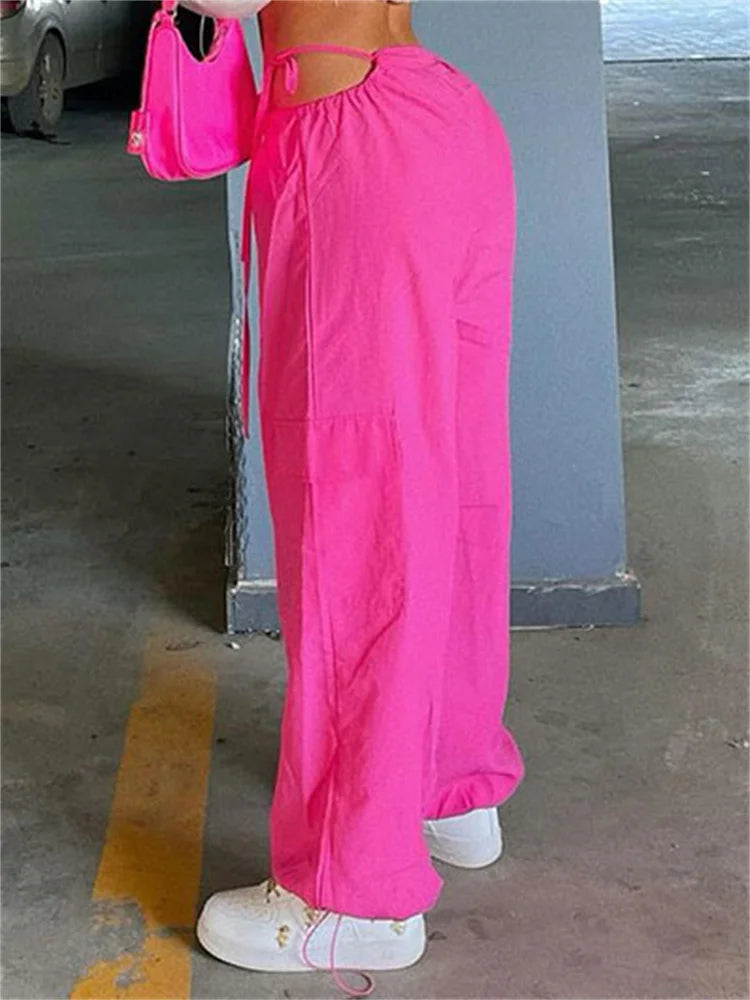 Pink Lace-up Cargo Pants for Wide Leg Baggy High Street Pocket Trousers Hollow Out Designer Trousers