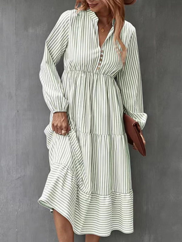 Loose Puff Sleeves Pleated Split-joint Striped V-neck Midi Dresses Shirt Dress