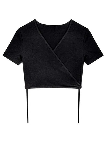 Summer Tee Tops T Shirts V-neck Cropped Cross Tie-up Harajuku Basic Korean Street T-shirts Mujer