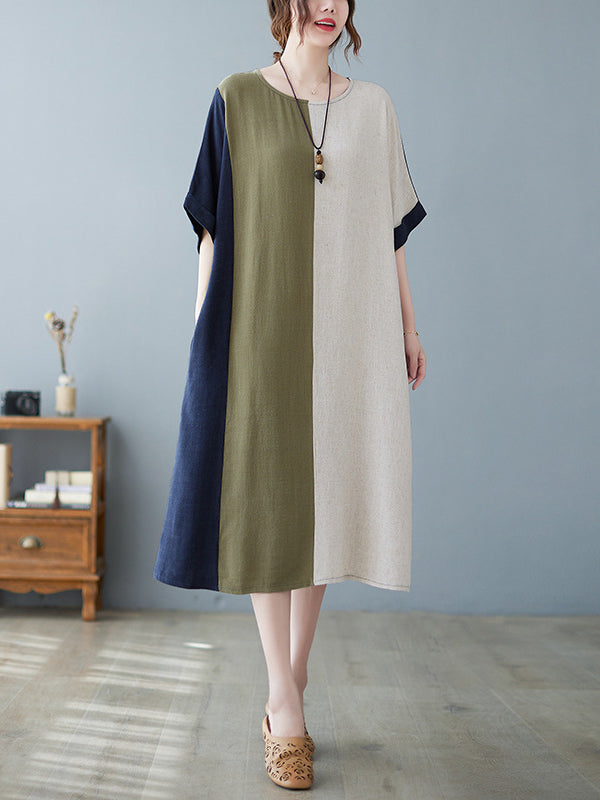 Half Sleeves Loose Contrast Color Round-neck Midi Dresses