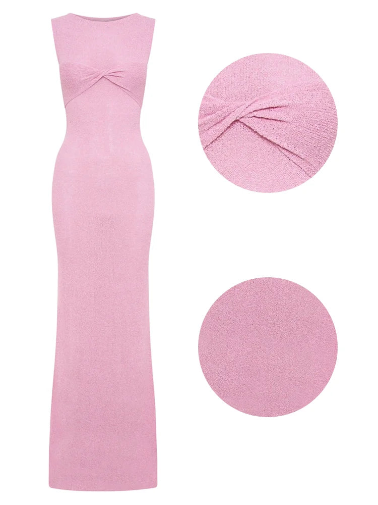 Summer Beach Knit Maxi Dress for Cover-up Pink Sleeveless Twist Sundress Knitwear See-through Maxi Bodycon Dress New