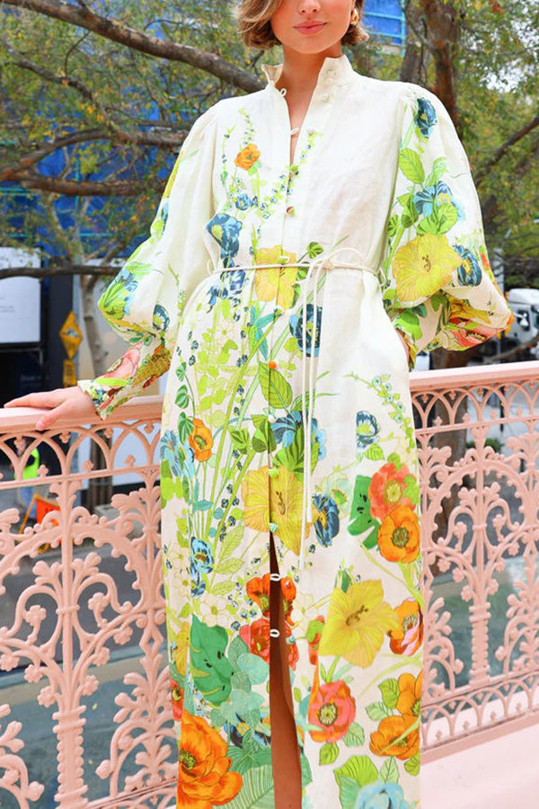 Summer Party Print Balloon Sleeve Pocketed Belt Shirt Midi Dress