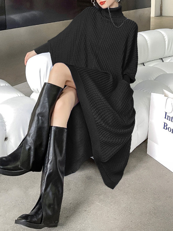 Batwing Sleeves High-low Pockets Color High-neck Midi Dresses Sweater Dresses