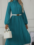 Long Sleeves Loose Buttoned Elasticity Hollow No Belt Pleated Color High Neck Midi Dresses