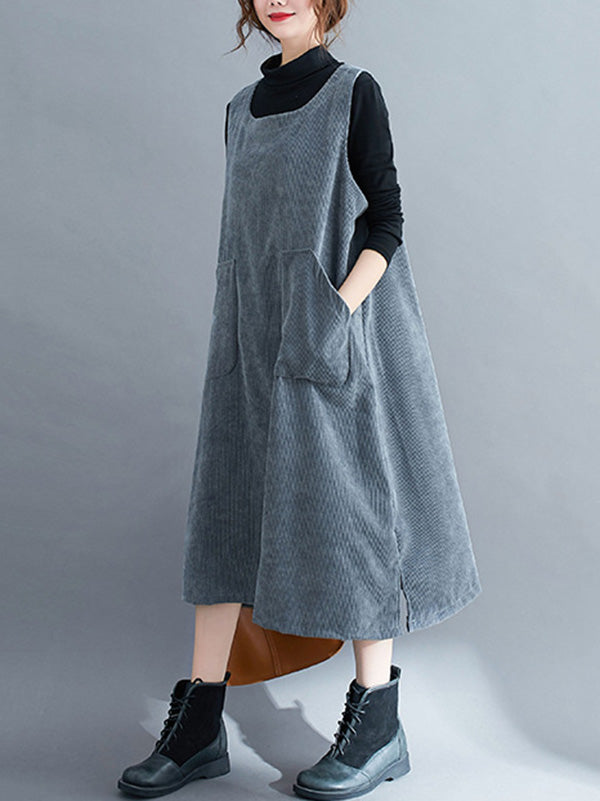 Corduroy Sleeveless Split-joint Round-neck Midi Dress