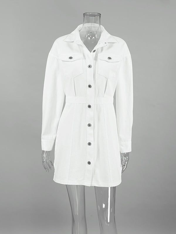 A-line Long Sleeves Buttoned Pockets Color Split-side Lapel Mini Dresses