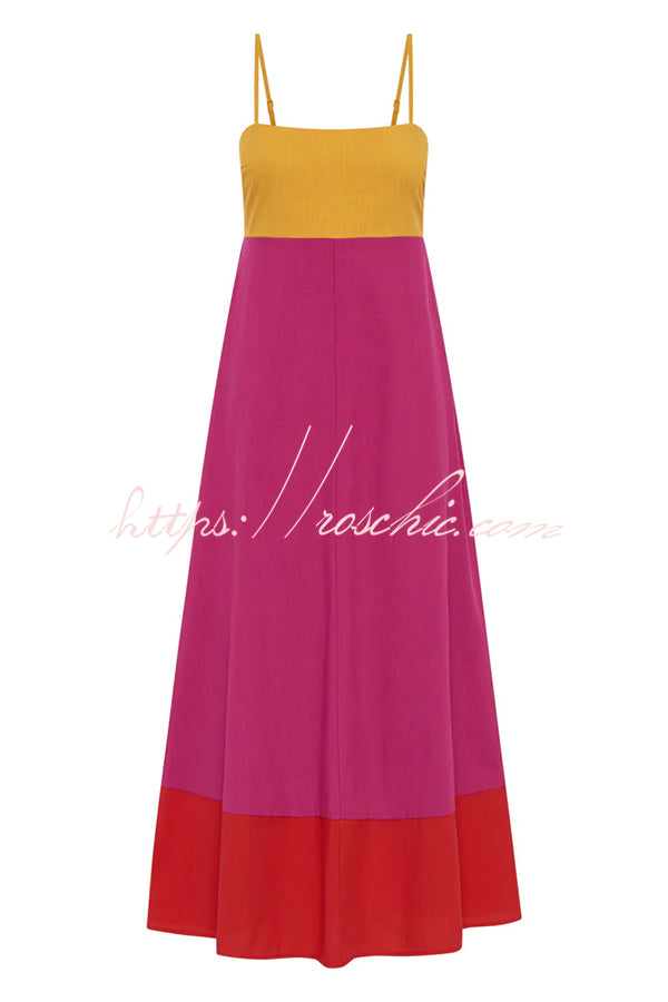 Splicing Sling Back Pleated Holiday Style Midi Dress