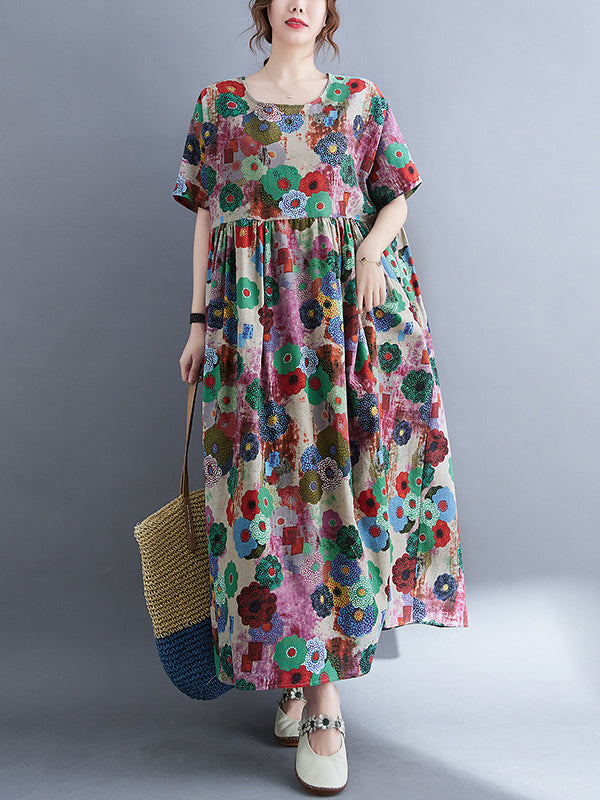 Loose Multi-colored Printed Midi Dress