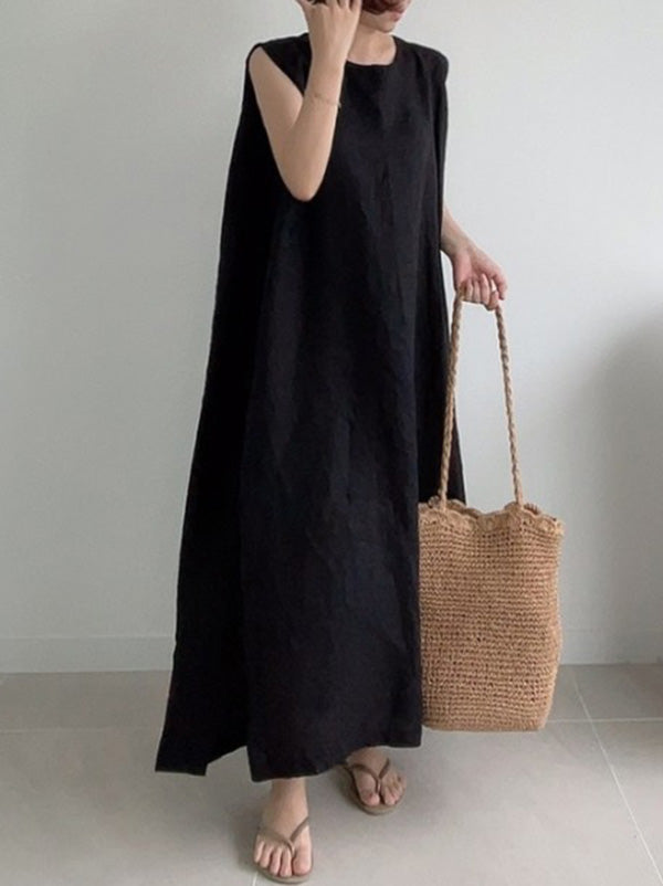 Simple Color Split-side Round-neck Sleeveless Midi Dress