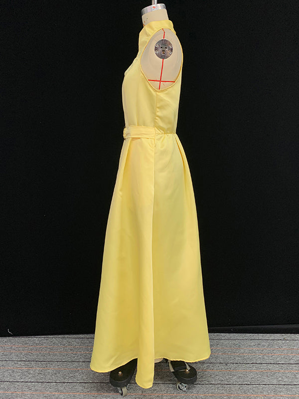 A-line Loose Belted Pleated Pockets Color V-neck Midi Dresses