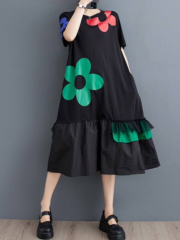 Loose Short Sleeves Printed Split-joint Round-neck Midi Dresses