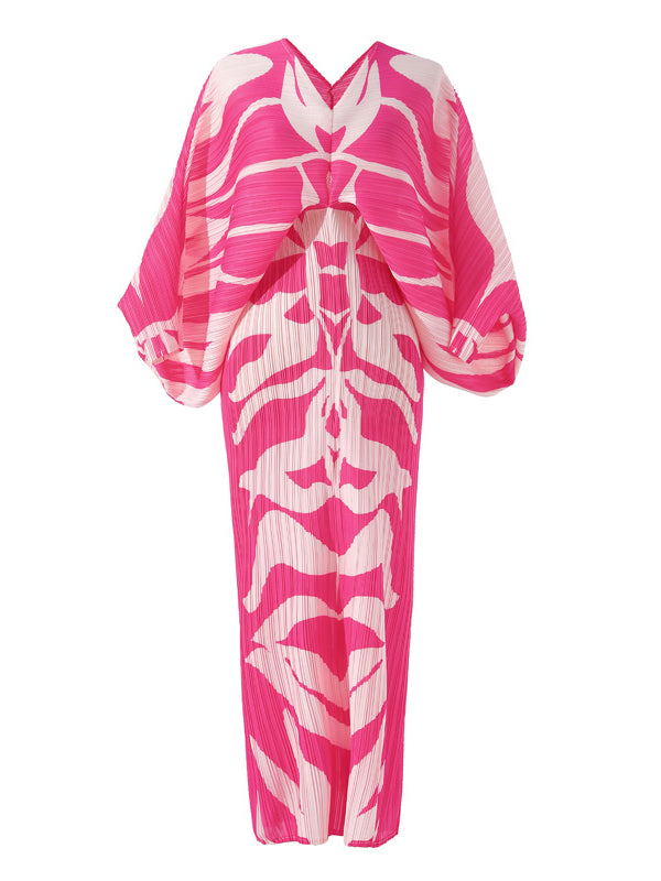 Original Batwing Sleeves Long Sleeves Contrast Color Printed Pleated V-neck Midi Dresses