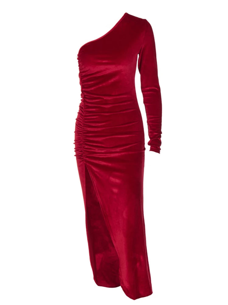 Long Sleeve Party Evening Velvet Bodycon Split Pencil Midi Dress Spring Autumn Clothes