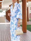 Flared Sleeves Loose Flower Print Split-joint Split-side Deep V-neck Midi Dresses