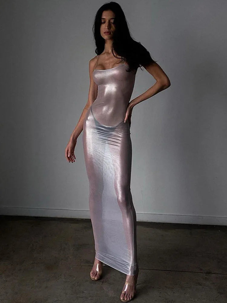 See Through Maxi Dress Strappy Dresses Body-shaping Vestido Female Hipster Attirewear Clothing