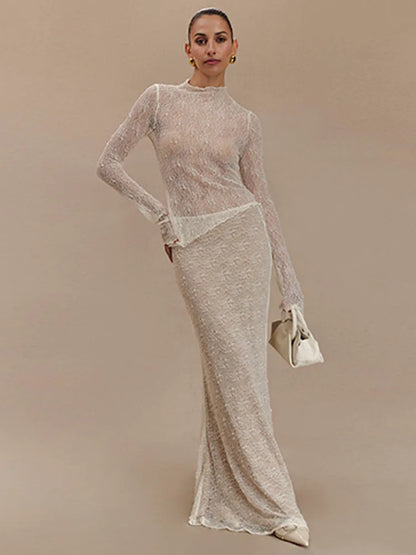 Lace Long Sleeved Round Neck Top Skirt Two-piece Set for Autumn Winter New Transparent T-shirt Set