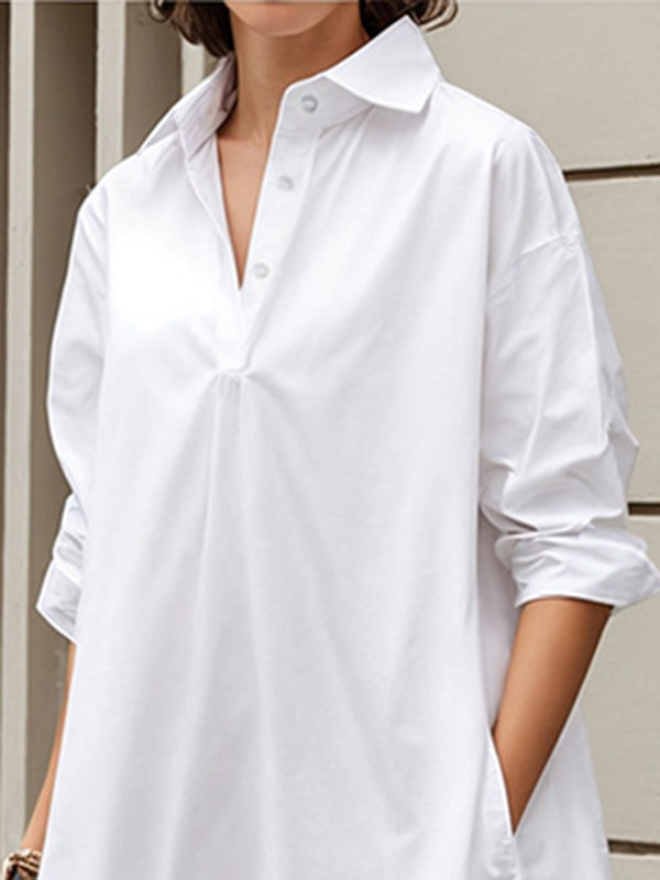 Long Sleeves Loose Pleated Color Split-joint Lapel Midi Dresses Shirt Dress