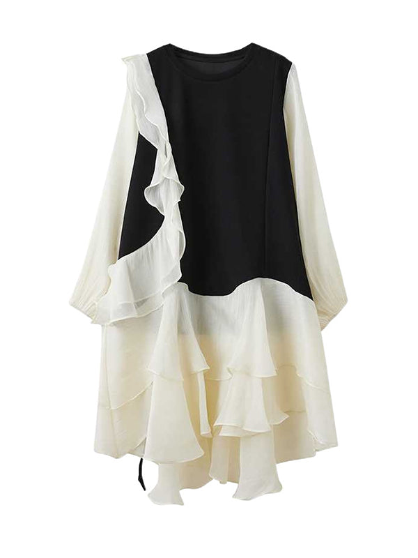 High-low Long Sleeves Contrast Color Ruffle Trim Split-joint Round-neck Midi Dresses