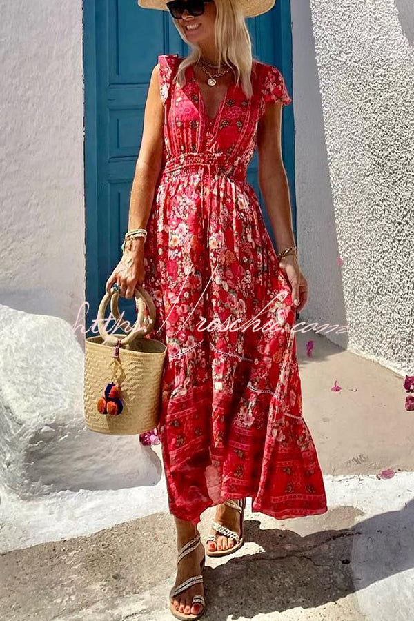 Summer in Greece Print Ruffle Sleeve Elastic Waist High-low Midi Dress