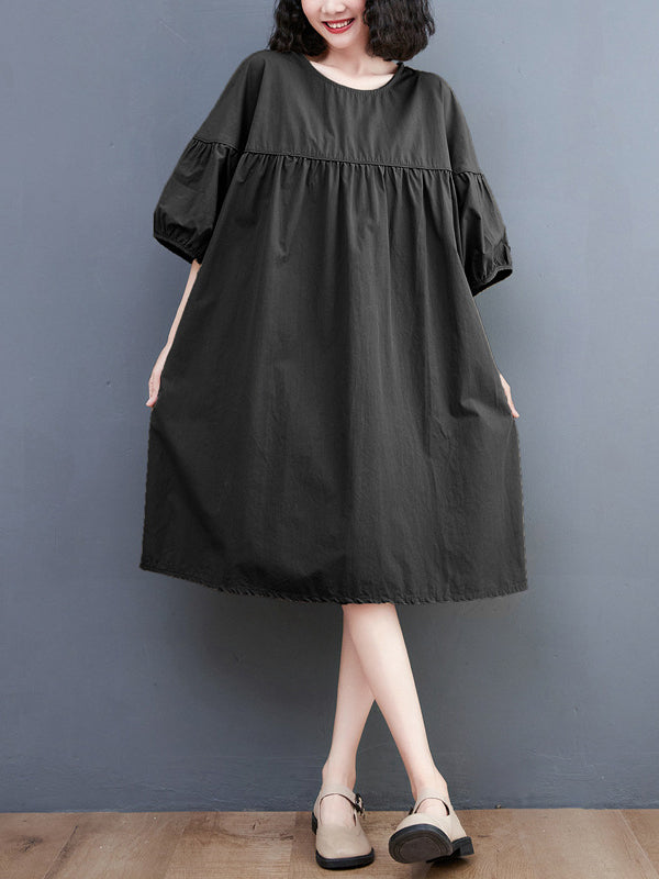 Loose Short Sleeves Color Round-neck Midi Dresses