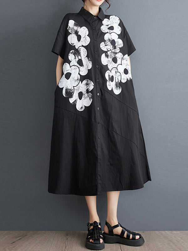 A-line Loose Asymmetric Buttoned Flower Print Lapel Midi Dresses Shirt Dress