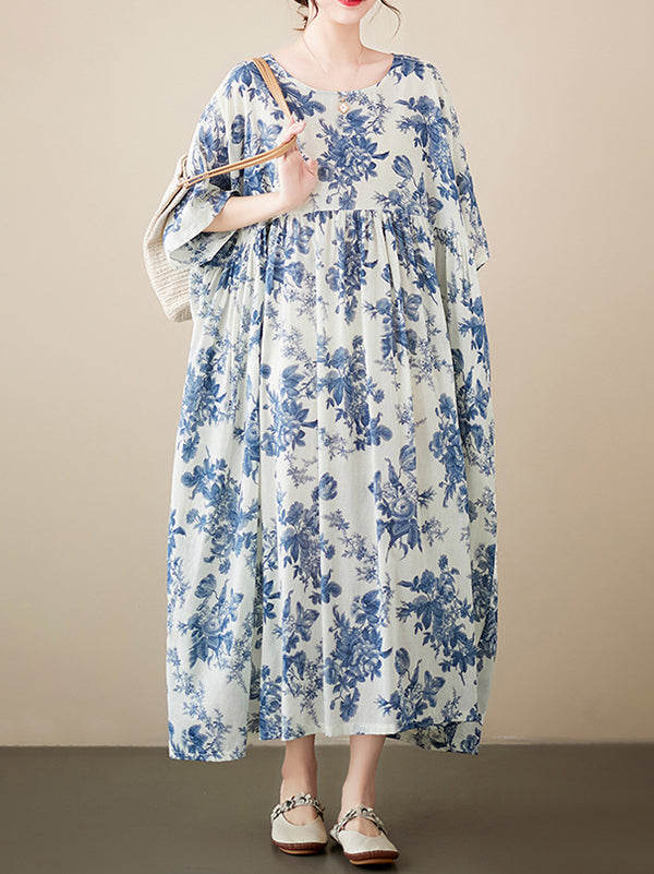 Loose Short Sleeves Printed Pleated Split-joint Round-neck Midi Dresses