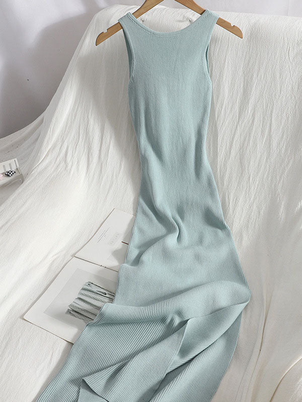 Bodycon Sleeveless Bowknot Hollow Color Midi Dresses