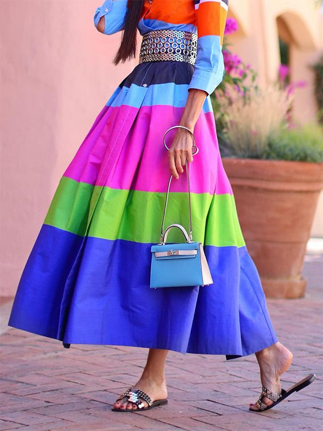 Loose Three-quarter Sleeves Buttoned Contrast Color Striped Lapel Collar Midi Dresses