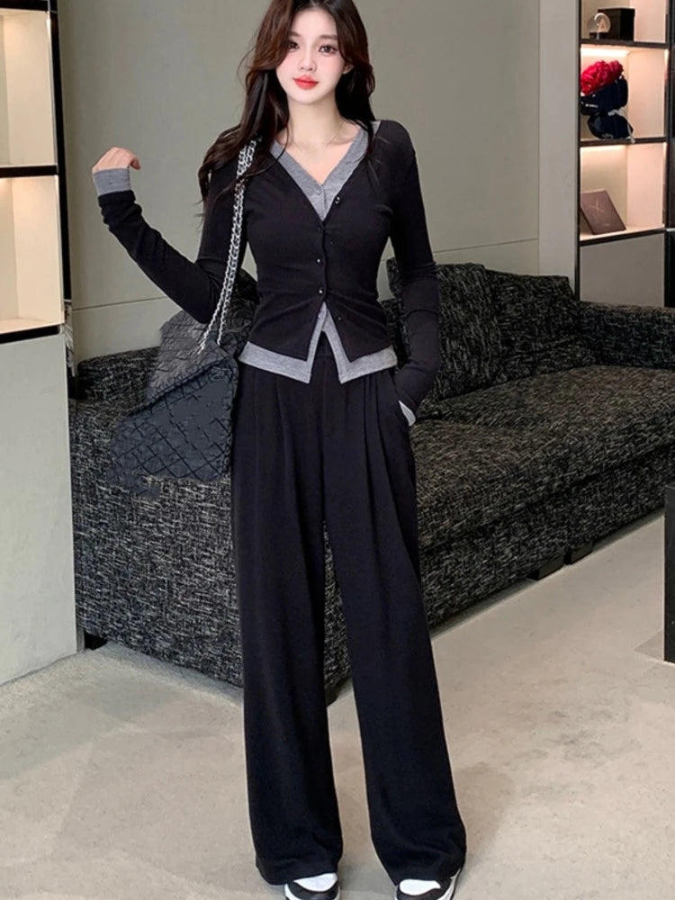 Autumn Two-piece Pants Set Long Sleeves V-neck Single Breasted Top Wide Leg Pants Korean Outfits New