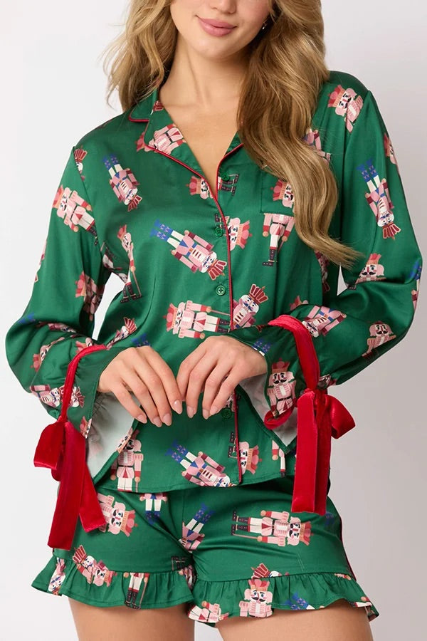 Christmas Printed Bow Tie Top and Elastic Waist Ruffle Shorts Set