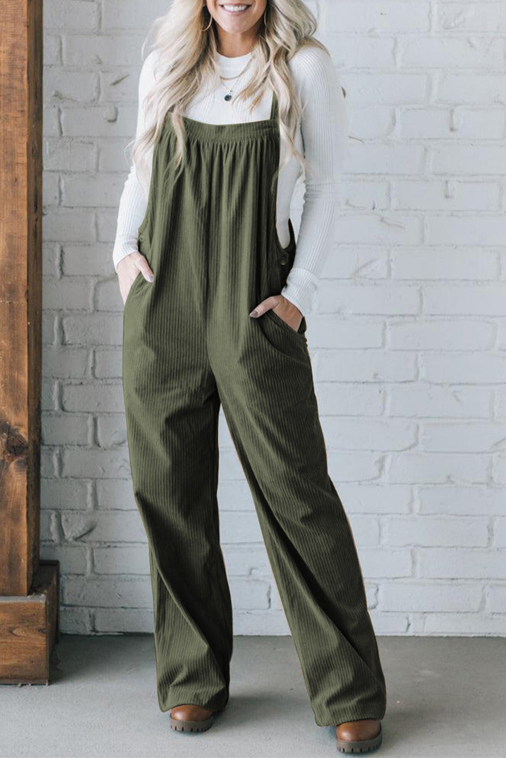 Color Pocketed Corduroy Overall