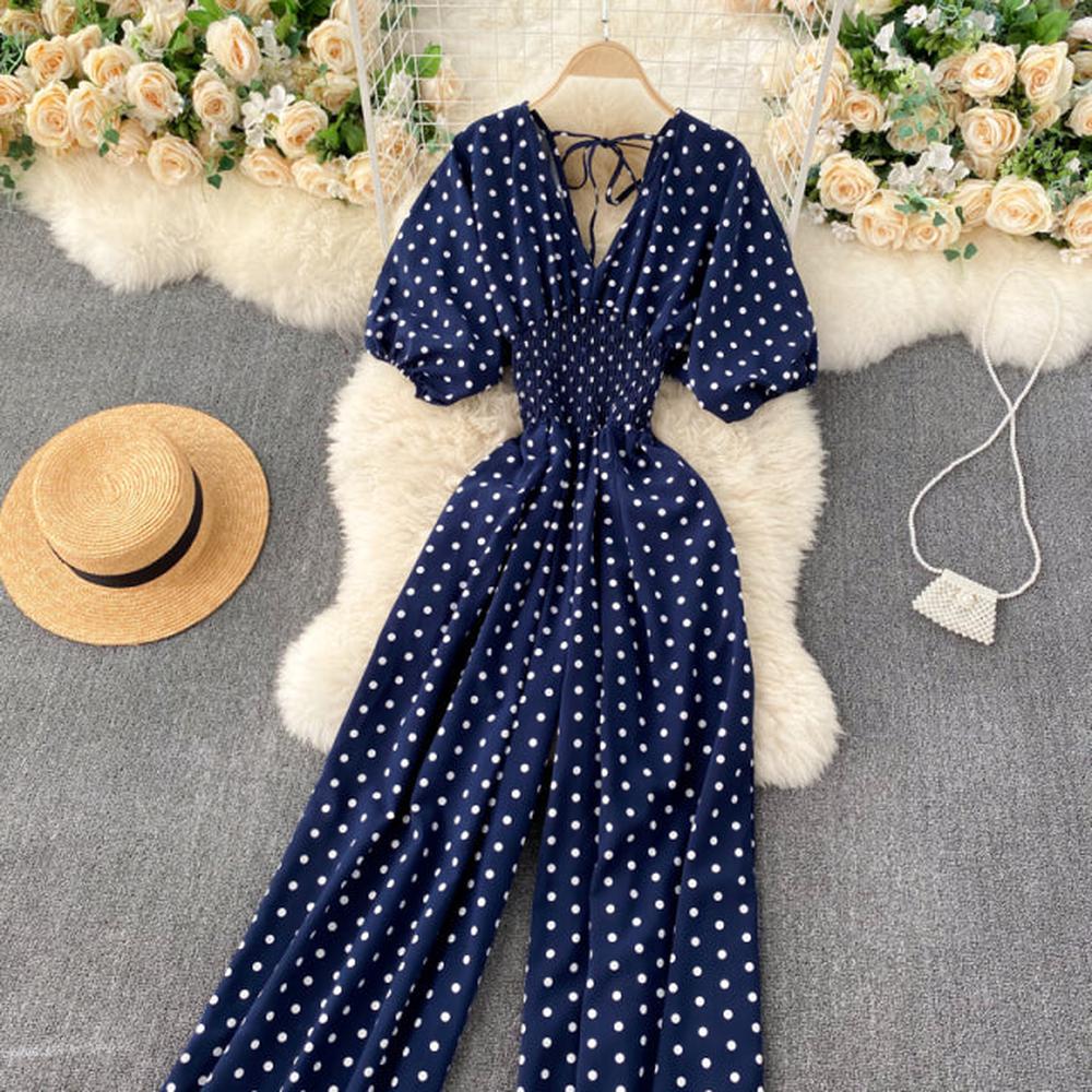Stylish Army Green V-neck Polka Dot Puff Sleeve Wide Leg Jumpsuit