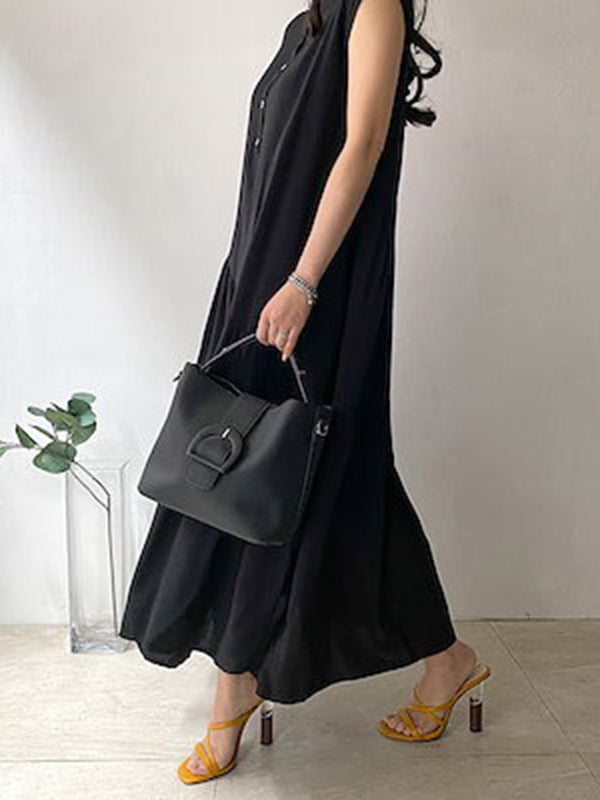 A-line Loose Buttoned Pleated Ruffled Color Split-joint Tiered Stand Collar Midi Dresses