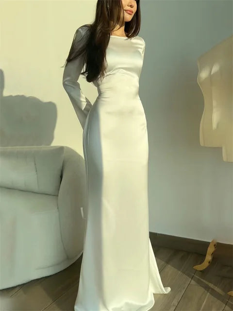 Black Satin Bandage Maxi Dress Slin High Waist Patchwork Long Sleeve Dress Gown Long Dress