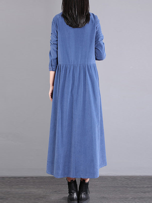 Corduroy Long Sleeves A-line Embroidered Round-neck Midi Dresses