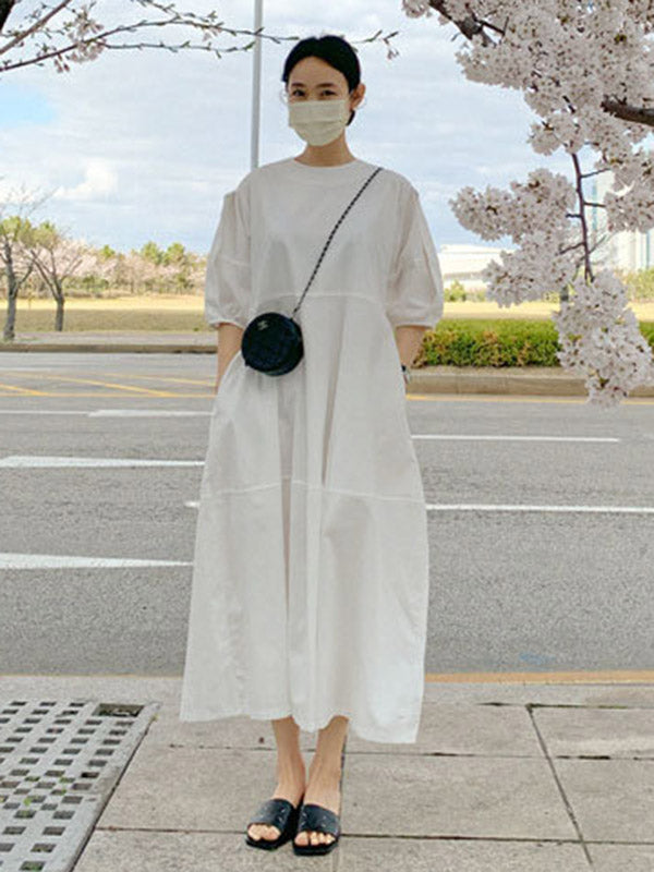 Round-neck Bishop Sleeve Loose Color Midi Dress